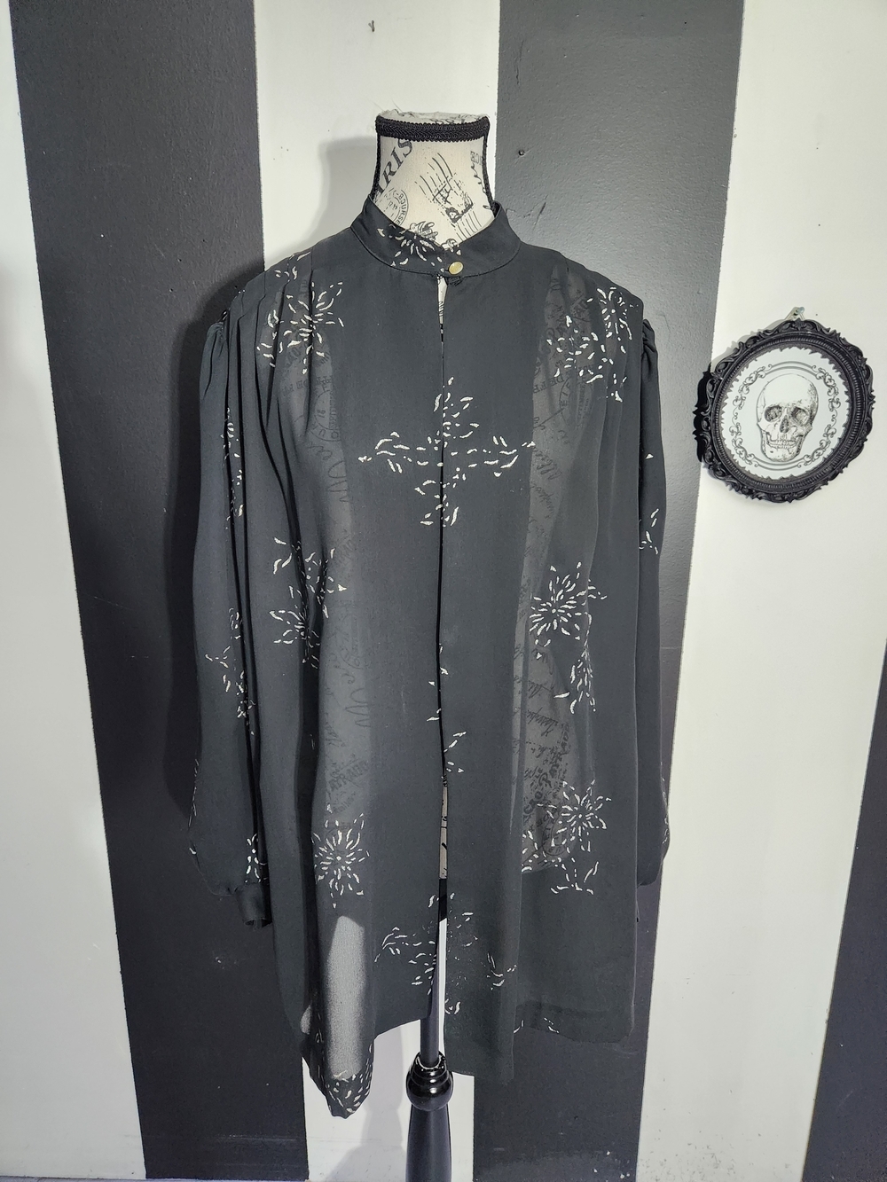 80's Vintage Black Sheer Floral Button-Top